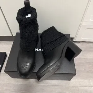 CHANEL Black Knit Ankle Boots with Gold Logo